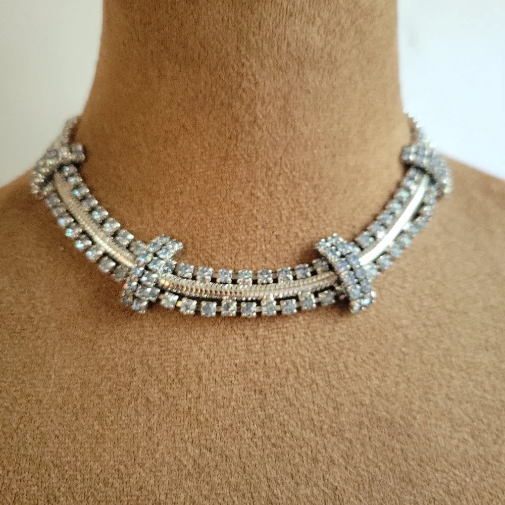 Vintage Art Deco Style Ice Blue Rhinestone Choker Necklace 16 Inch Silver Tone